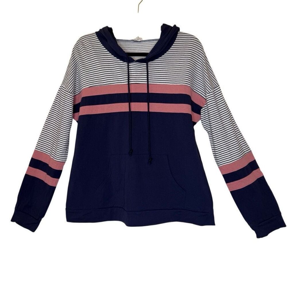 Hem & Thread Navy Striped Hoodie Sweatshirt Sz L